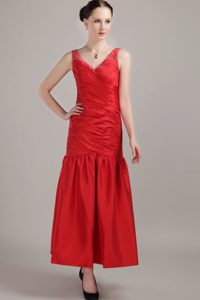 Red V-neck Tea-length Bridesmaid Dress with Ruching