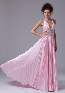 Halter Top Beaded and Ruched Lovely Prom Formal Dresses in Pink for Fall