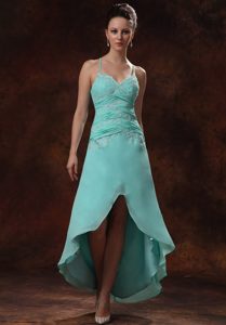 Luxurious High-low Spaghetti Turquoise Prom Pageant Dress with Appliques