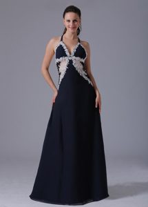 Best Seller Halter Top Navy Blue Long Prom Dress for Ladies with Appliques