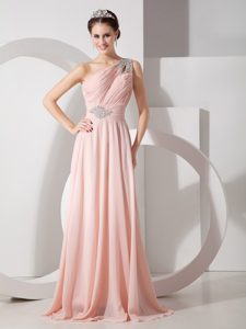One Shoulder Ruched Popular Brush Train Prom Court Dresses in Baby Pink