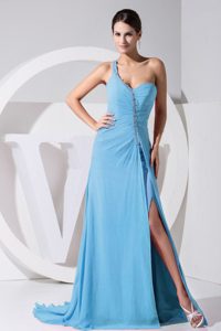 Fabulous High Slit One Shoulder Beaded Dress for Prom Queen in Aqua Blue