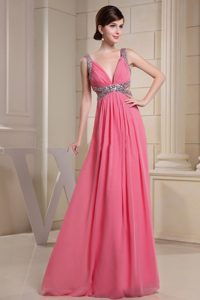 V-neck Watermelon Beaded and Ruched Wonderful Prom Party Dress for Fall