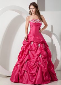 Sweet Hot Pink A-line Strapless Prom Evening Dress with Appliques