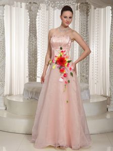 Discount Beaded Organza Peach Pink Long Prom Celebrity Dress with Flowers