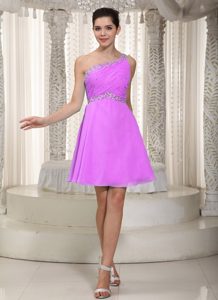 Fashionable One Shoulder Mini-length Chiffon Prom Court Dress with Beading