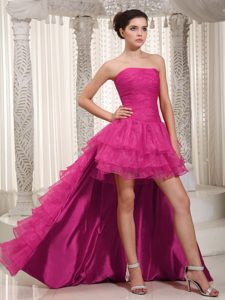 Classical High-low Hot Pink Strapless Prom Homecoming Dress with Ruches
