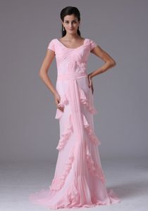 Exquisite Baby Pink Scoop Zipper-up Prom Evening Dress with Short Sleeves