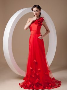 Elegant One Shoulder Brush Train Red Dress for Prom with Flowers