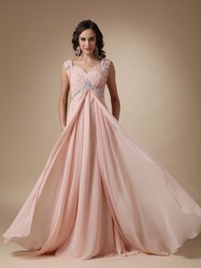Baby Pink Empire Straps Chiffon Prom Dresses for Party with Court Train on Sale