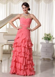 Watermelon Red Chiffon Prom Celebrity Dress with Ruffles and Beading