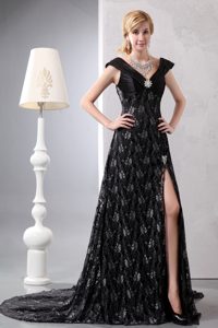 Black A-line V-neck Chapel Train Lace Prom Dresses with Beading and Side Slit