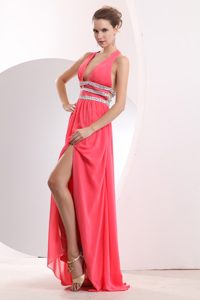 Watermelon Red Halter Brush Train Chiffon Prom Celebrity Dresses with Side Slit