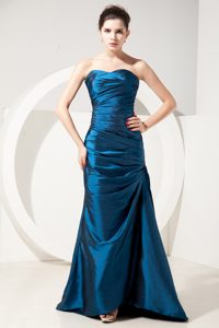 New Arrival Blue Sheath Brush Train Prom Formal Dresses with Ruching