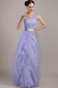 Lilac One Shoulder Long Organza Prom Dress with Ruffles and Belt