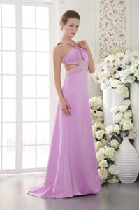 New Lavender Halter Satin Prom Celebrity Dresses with Beaded Side Outs