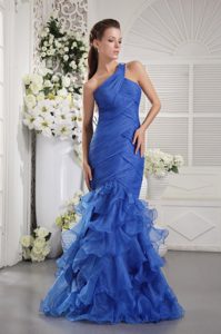 Mermaid One Shoulder Blue Organza Prom Graduation Dress with Ruffles for Less