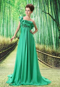 Attractive One Shoulder Embroidery Chiffon Prom Long Dress with Watteau Train
