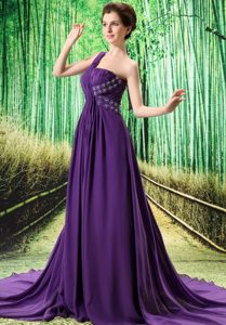 Custom Made Purple One Shoulder Prom Party Dress with Ruching Made