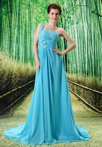 Baby Blue One Shoulder Ruched Prom Dress for Holiday with Appliques