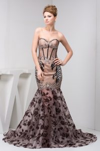 Mermaid Beaded Sweetheart Satin Prom Celebrity Dress with Pattern and Beading