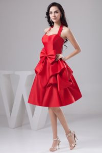 Halter-top Knee-length Prom Cocktail Dresses with Pick-ups and Bowknots