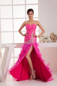 Brand New Sweetheart High Slit Hop Pink Ruched Prom Celebrity Dress