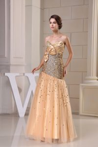 Sparkly Sweetheart Gold Prom Dress with Ruching and Beading in Sequins and Tulle