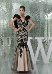 Special Black and Champagne Long Prom Party Dresses with Appliques and Ruffles