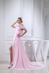 Off the Shoulder Chiffon Prom Celebrity Dresses with Hand Flowers in Baby Pink