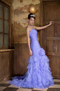 Lilac Mermaid Sweetheart Prom Dresses with Hand Flower and Ruffles in Organza