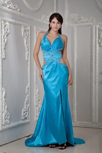 Discount Teal Halter Top Best Party Dress for Prom with Beaded Side Outs