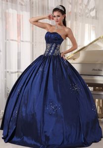 Fashionable Navy Blue Strapless Embroidery Dresses for a Quinceanera in