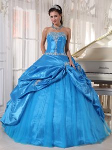Nice Blue Ball Gown Appliqued Strapless Sweet Sixteen Dress in and Tulle