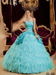 Righteous Aqua Blue Strapless Ruffled Quinceanera Dresses in and Organza