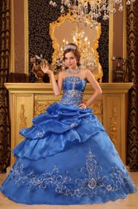 Blue Ball Gown Strapless Shimmery Sweet Sixteen Dress in Organza with Beading