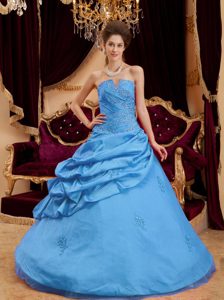 Attractive Aqua Blue Strapless Quinceanera Gown Dress in with Appliques