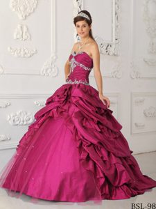 Surprising Fuchsia A-line Sweetheart Appliqued Quince Dress in and Tulle