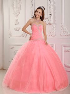 Bright Ball Gown Sweetheart Tulle Appliqued Quinces Dresses in Watermelon Red