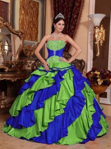 Green and Blue Strapless Quinceanera Gown Dress with Ruffles and Appliques