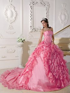 Exquisite Hot Pink Strapless Quinceanera Gowns with Ruffles and Chapel Train