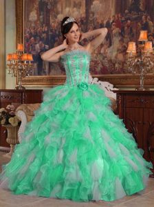 Appliqued and Ruffled Green Strapless Quinceanera Gowns in Wholesale Price