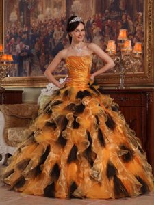 Latest Orange and Black Strapless Quinceanera Gowns with Ruffles for Summer