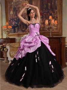 Lavender and Black Strapless Quinceanera Dress with Pick-ups and Appliques