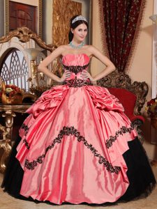 Watermelon and Black Strapless Ruched Quinceanera Gown Dress with Pick-ups