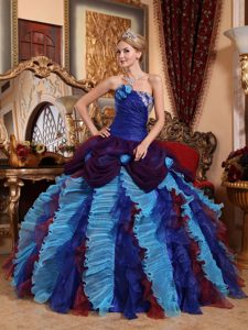 Strapless Multi-colored Drapped Quinceanera Dresses with Ruffles and Flowers