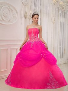 Hot Pink Strapless Ball Gown Dresses for Quince with Appliques and Pick-ups