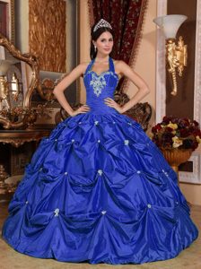 Royal Blue Halter Dress for Quince with Pick-ups and Appliques for Less