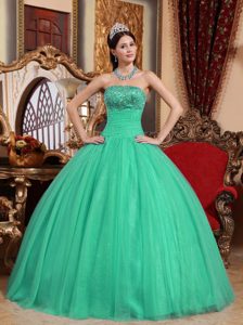 Customized Turquoise Strapless Ball Gown Quinceanera Dress with Appliques