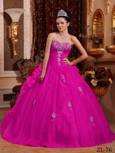 Fuchsia Sweetheart Ball Gown Quinceanera Dress with Appliques and Pick-ups